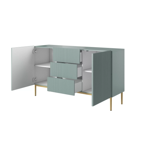 Komoda Nicole 150 cm z szufladami i półkami - szałwia / złote nóżki - Limitowana oferta